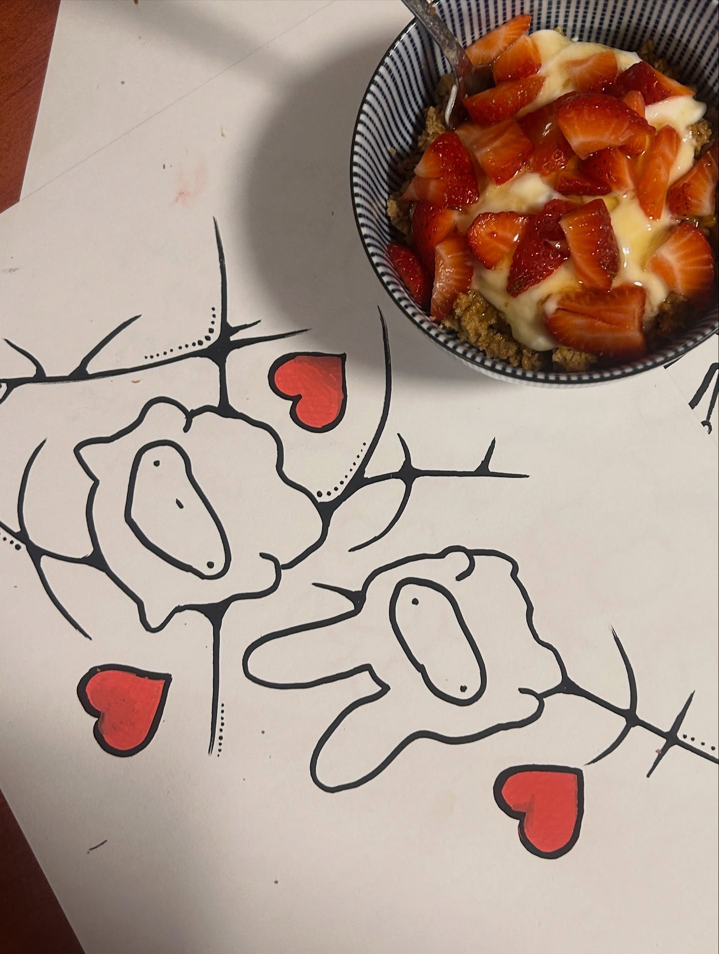 Hand-drawn roses with strawberry bowl