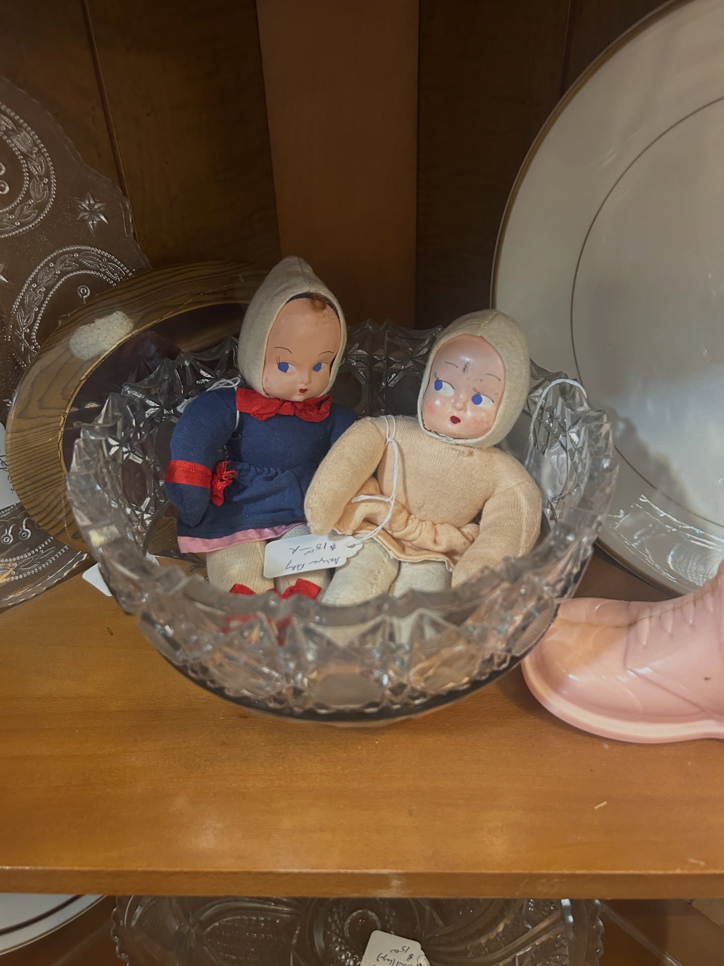 Vintage dolls in crystal bowl